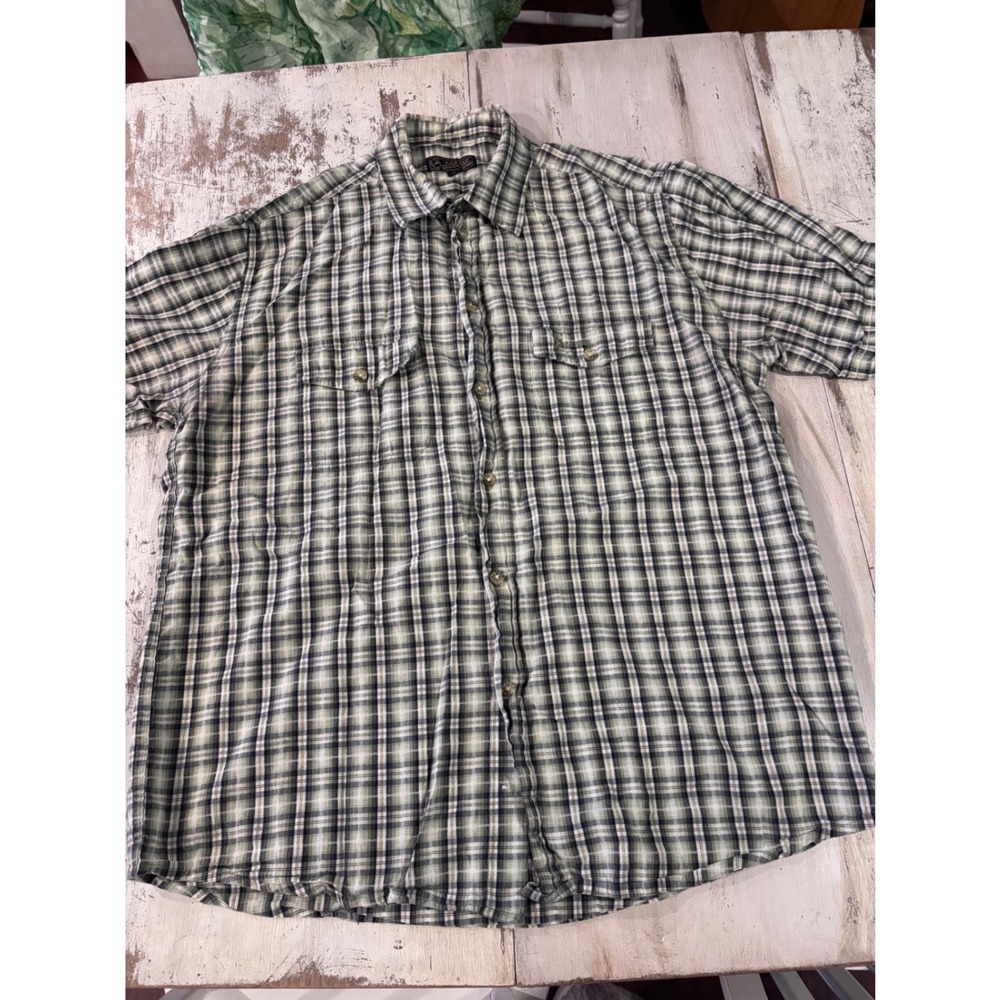 P.G. FIELD button up shirt mens size M green plaid short sleeve cotton travel